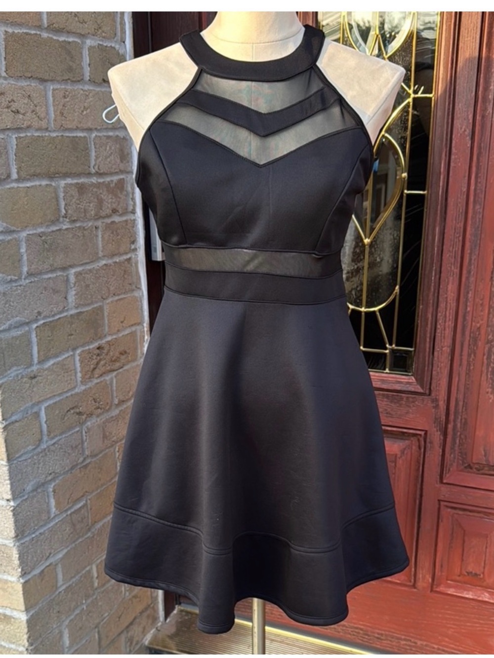 Emerald Sundae  Black Mesh-Inset Fit & Flare Dress